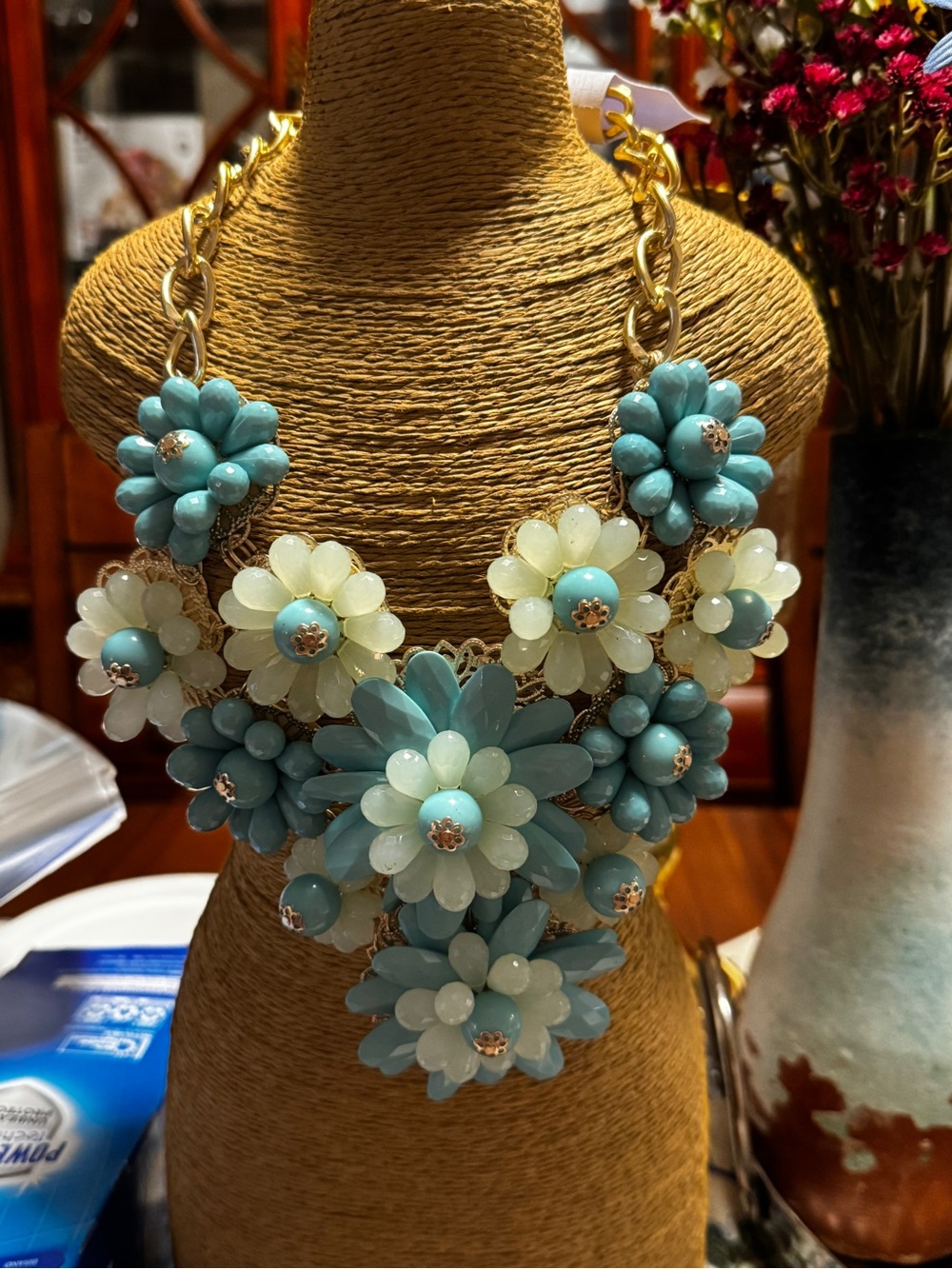 Turquoise and Cream Floral Statement Necklace